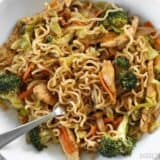 Skip take out and make these easy and addictive Chicken Yakisoba noodles that are full of chicken and vegetables, and drenched in a sweet and tangy sauce! Budgetbytes.com
