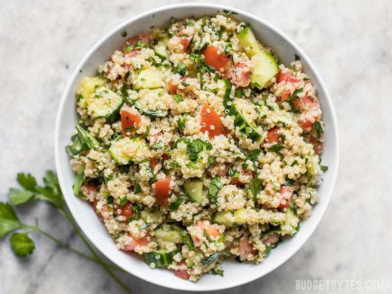 Close up shot of a bowl of Quinoa Tabbouleh 