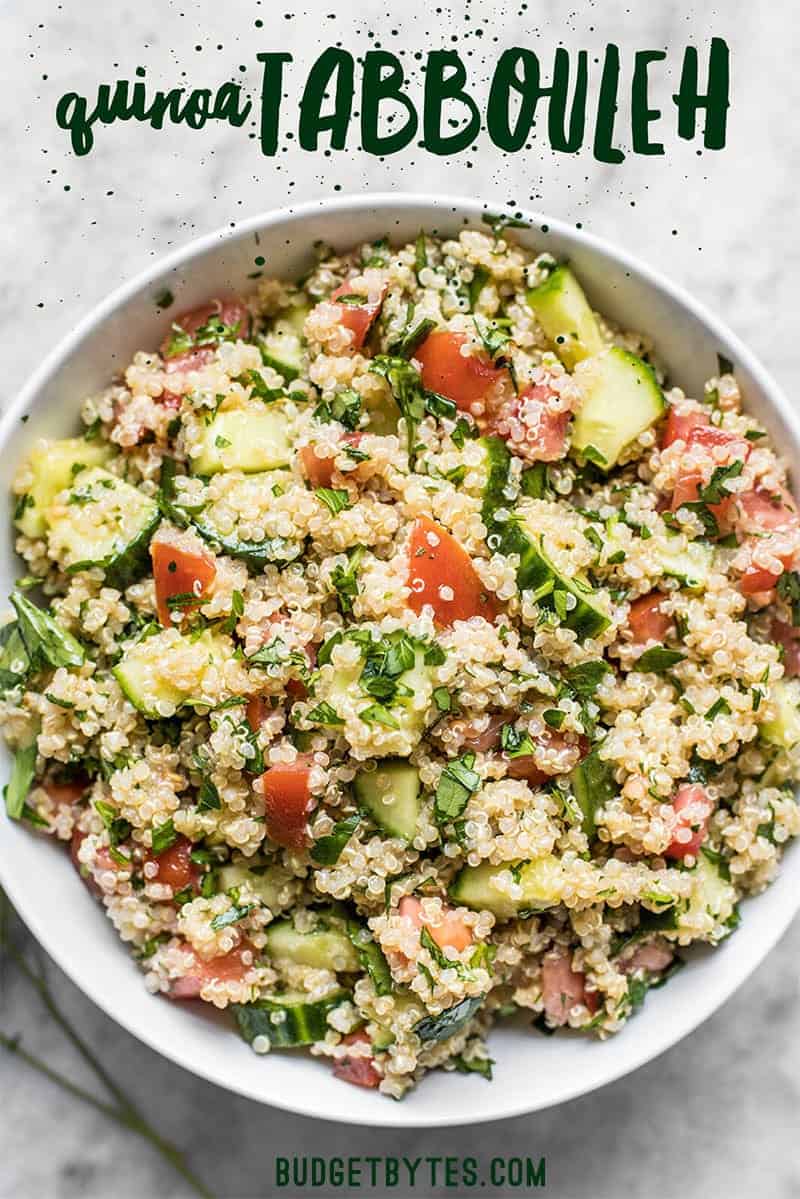 Overhead view of a bowl full of quinoa tabbouleh.