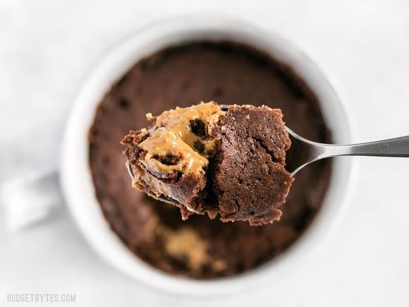 Close up view of a spoonful of chocolate mug cake with peanut butter