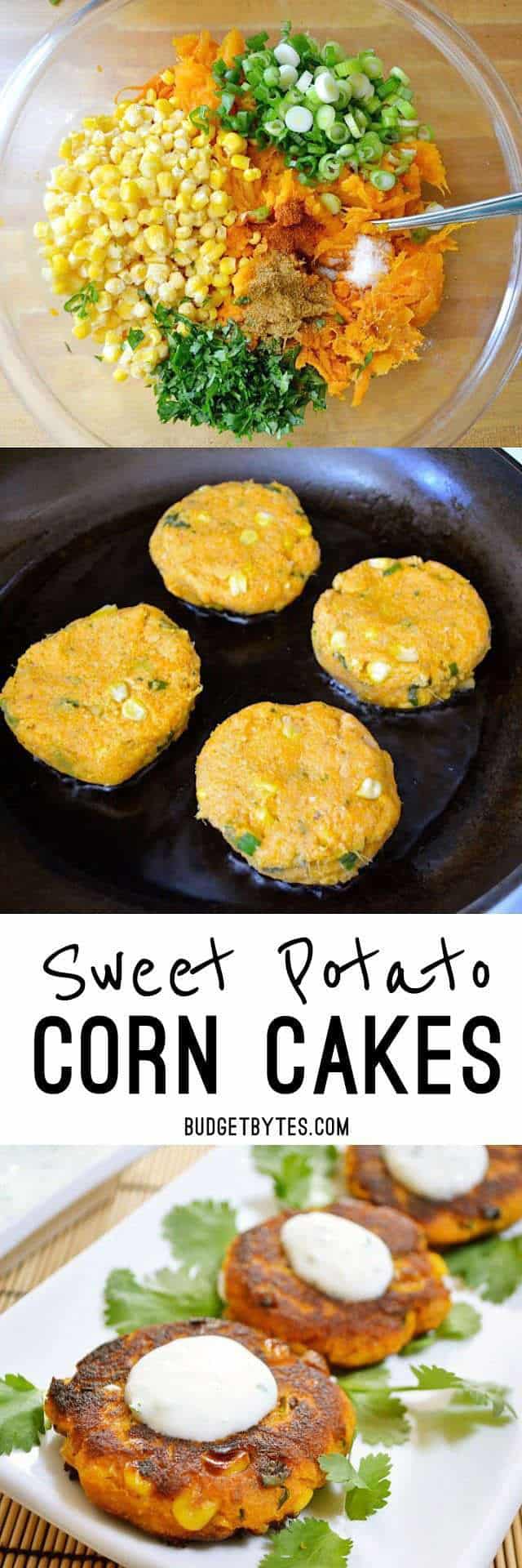 Cumin, cilantro, and cayenne pepper add big flavor to these savory Sweet Potato Corn Cakes. Dip them in the creamy garlic sauce for even more zing! BudgetBytes.com