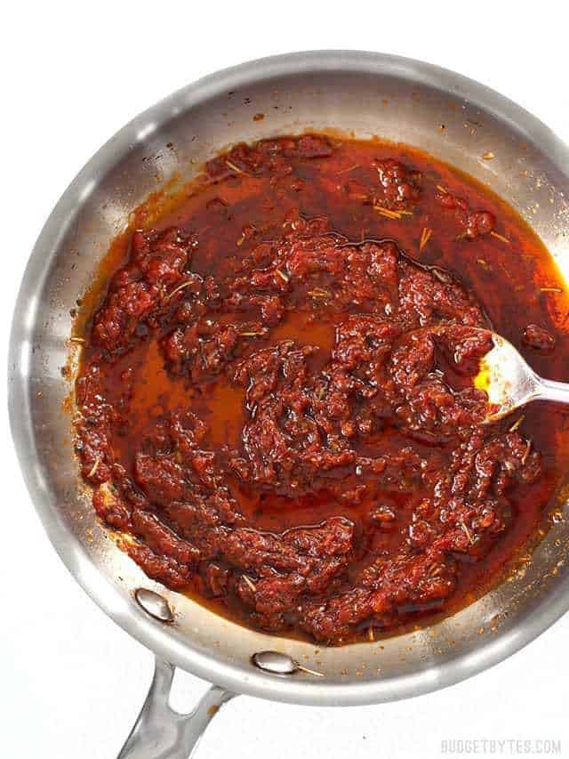 Not Sun Dried Tomato Sauce in pan with spoon