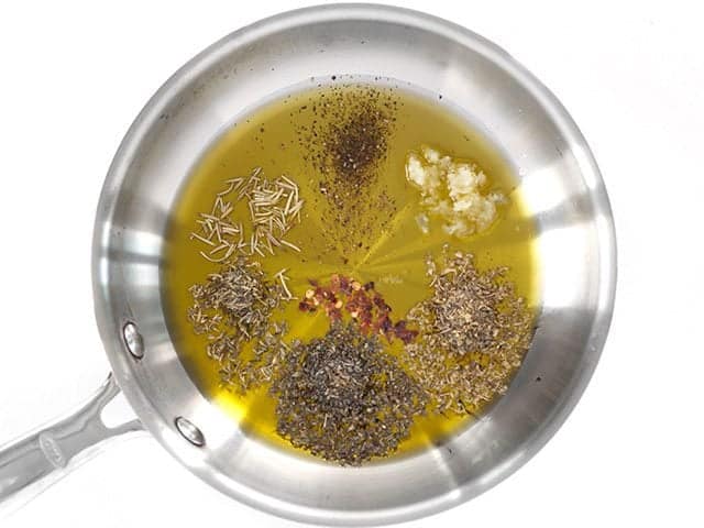 Olive Oil and Herbs in skillet 