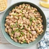 Overhead view of a bowl of tuna and white bean salad.