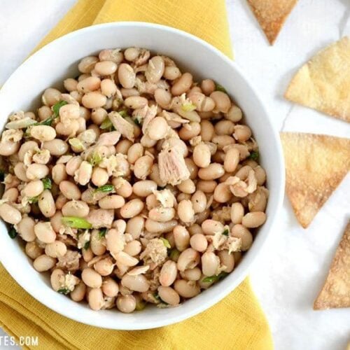 This Tuna and White Bean salad is mayo-free, but big on flavor. Whip up this salad in minutes to satisfy your hunger and tastebuds. BudgetBytes.com