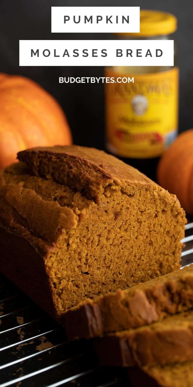 Pumpkin molasses bread sliced, side view, title text at the top