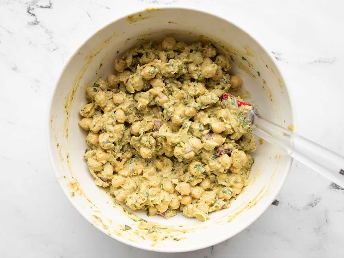 Slightly mashed chickpea salad in the bowl