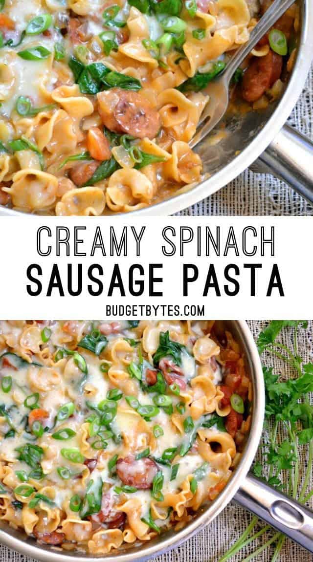 Creamy Spinach and Sausage Pasta is an easy one pot meal for quick weeknight dinners. BudgetBytes.com