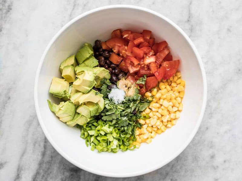 Black Bean and Avocado Enchilada filling ingredients in a bowl