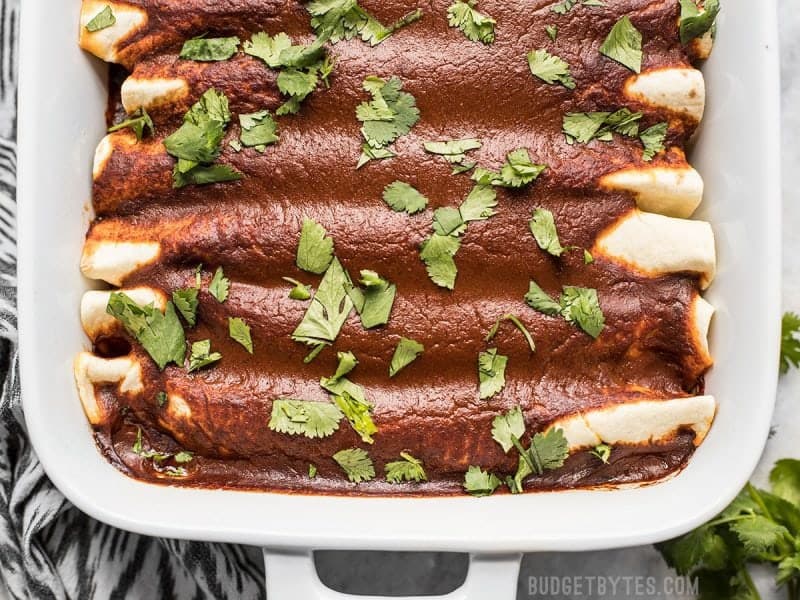 Close up overhead shot of baked vegan Black Bean and Avocado Enchiladas in the casserole dish