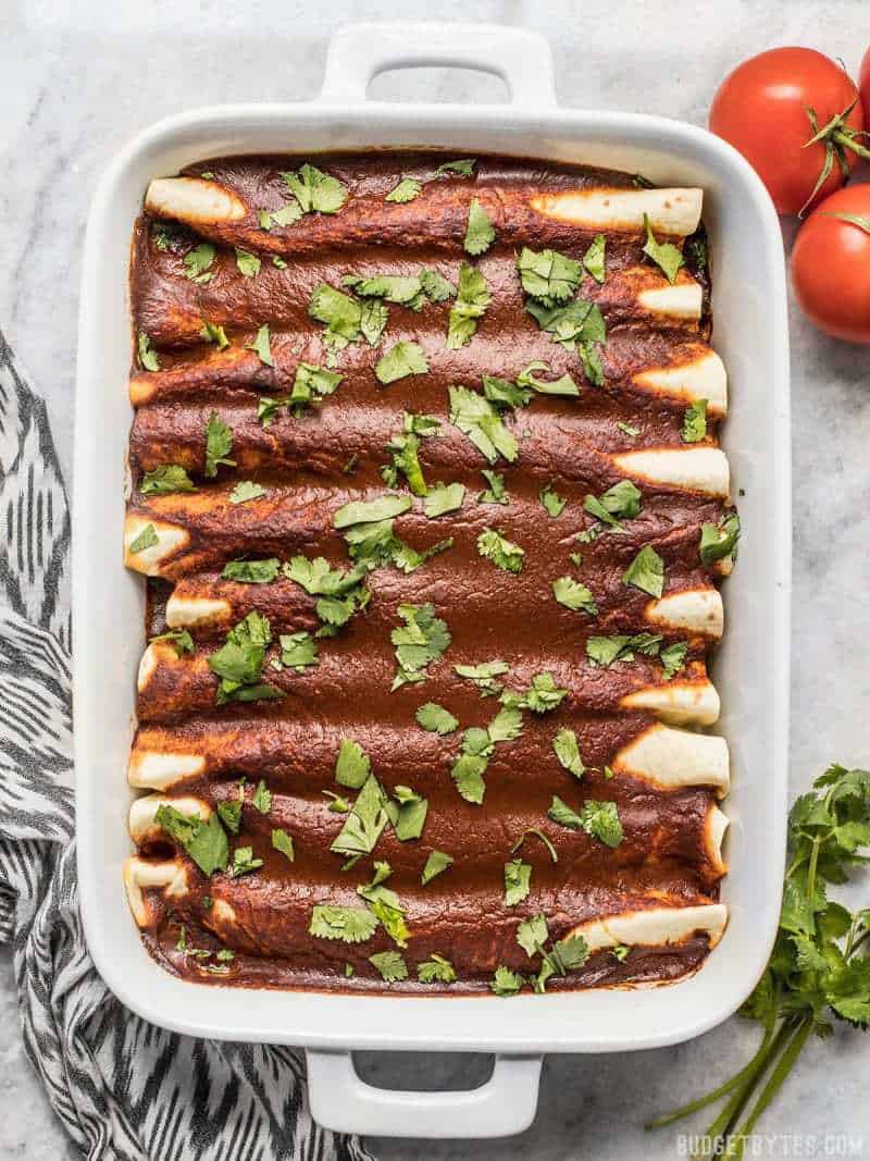 Top view of a casserole dish of freshly baked vegan Black Bean and Avocado Enchiladas with cilantro sprinkled over top