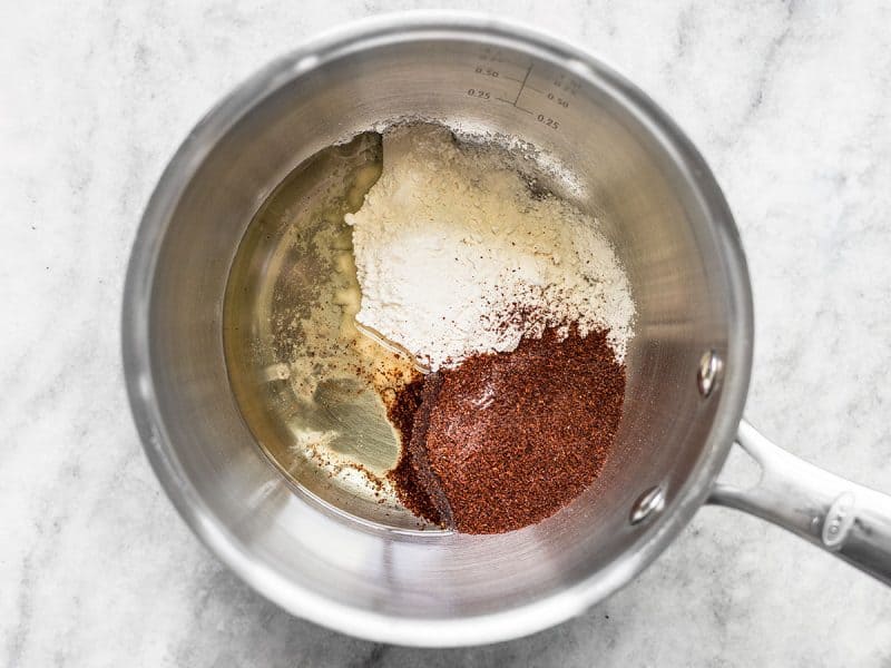 Flour, oil, and chili powder in sauce pot