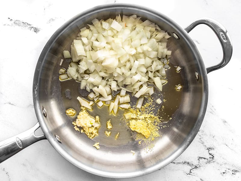Onion Garlic and Ginger in a skillet