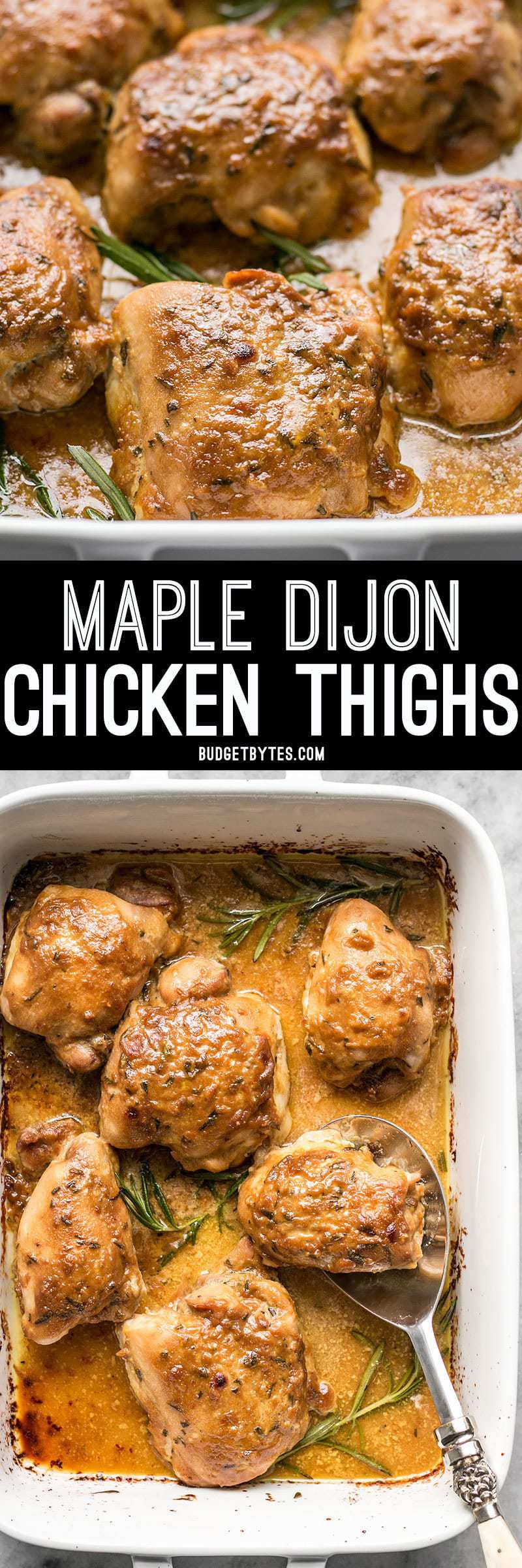Collage of images for maple dijon chicken thighs with title text in the center.