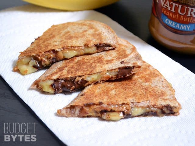Peanut Butter Banana Quesadilla, cut into three slices and placed on paper towel 