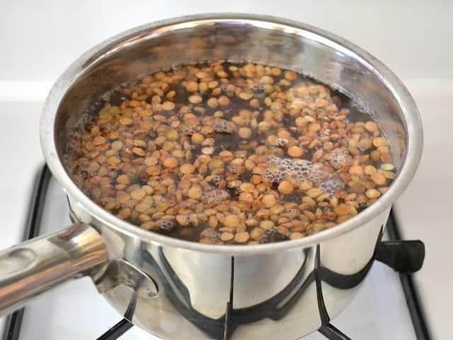 lentils in pot with boiling water 