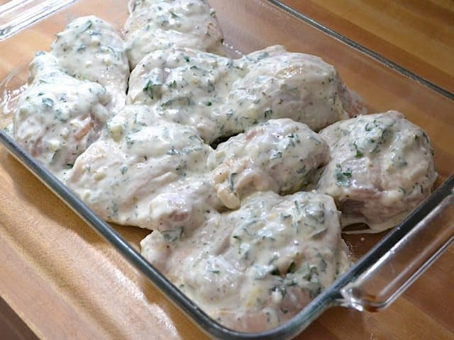 chicken ready to bake for Greek Marinated Chicken