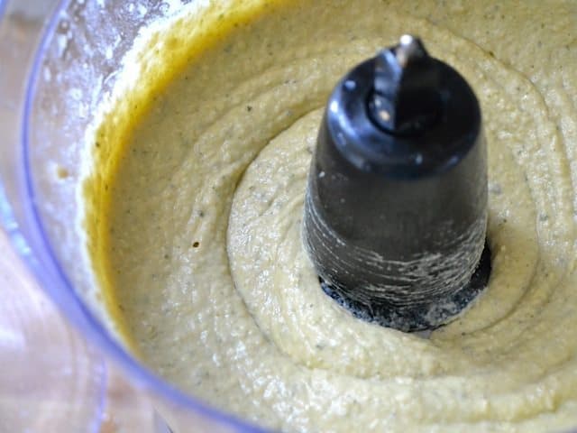 finished poblano hummus in food processor 
