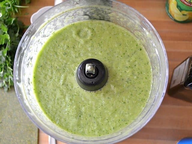 top view of finished green gazpacho in food processor 