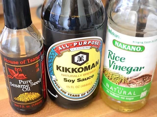 Rice Vinegar, soy sauce and sesame seed oil bottles 