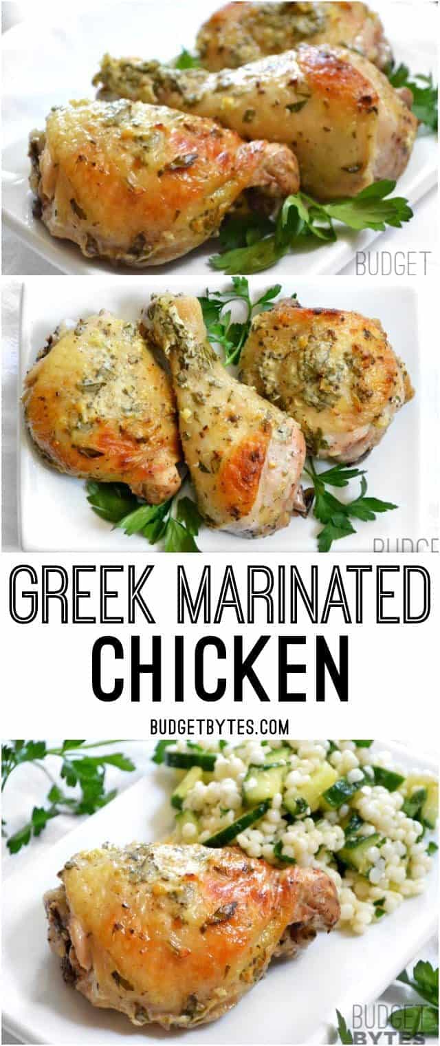Greek Marinated Chicken is flavored with a garlicky lemon and yogurt marinade and baked (or grilled) till tender. BudgetBytes.com