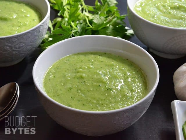 Three bowls of Green Gazpacho