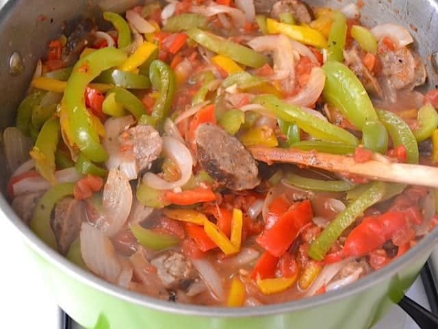 Cooked peppers and onions 
