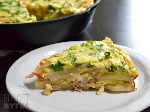 Slice of Ham and Potato Frittata on a plate 