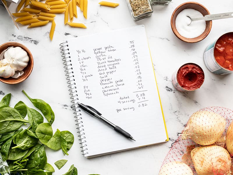 A notebook with a recipe cost calculation surrounded by various ingredients