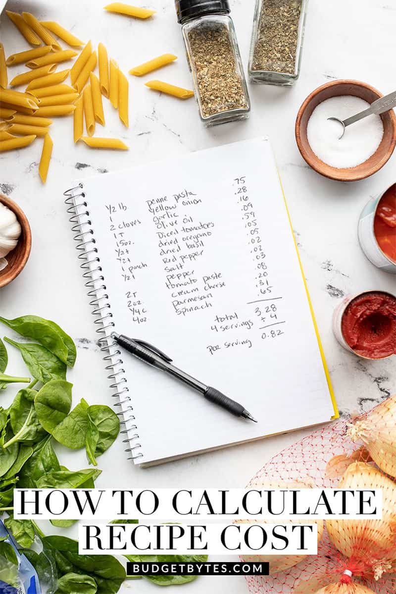 A notebook with recipe cost calculations surrounded by various ingredients
