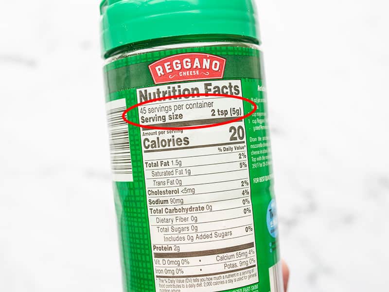 Parmesan bottle nutrition label