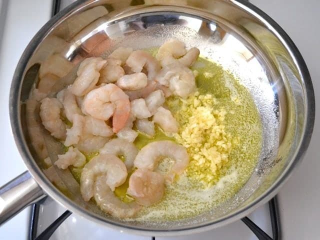 Shrimp and Garlic added to skillet 