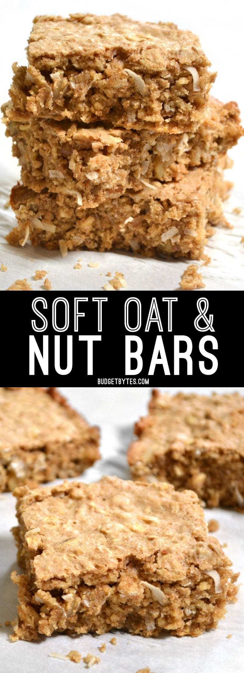 These Soft Oat and Nut Bars are a great grab and go breakfast. Not too sweet and full of whole wheat flour, nutritious oats, and protein packed nuts. BudgetBytes.com