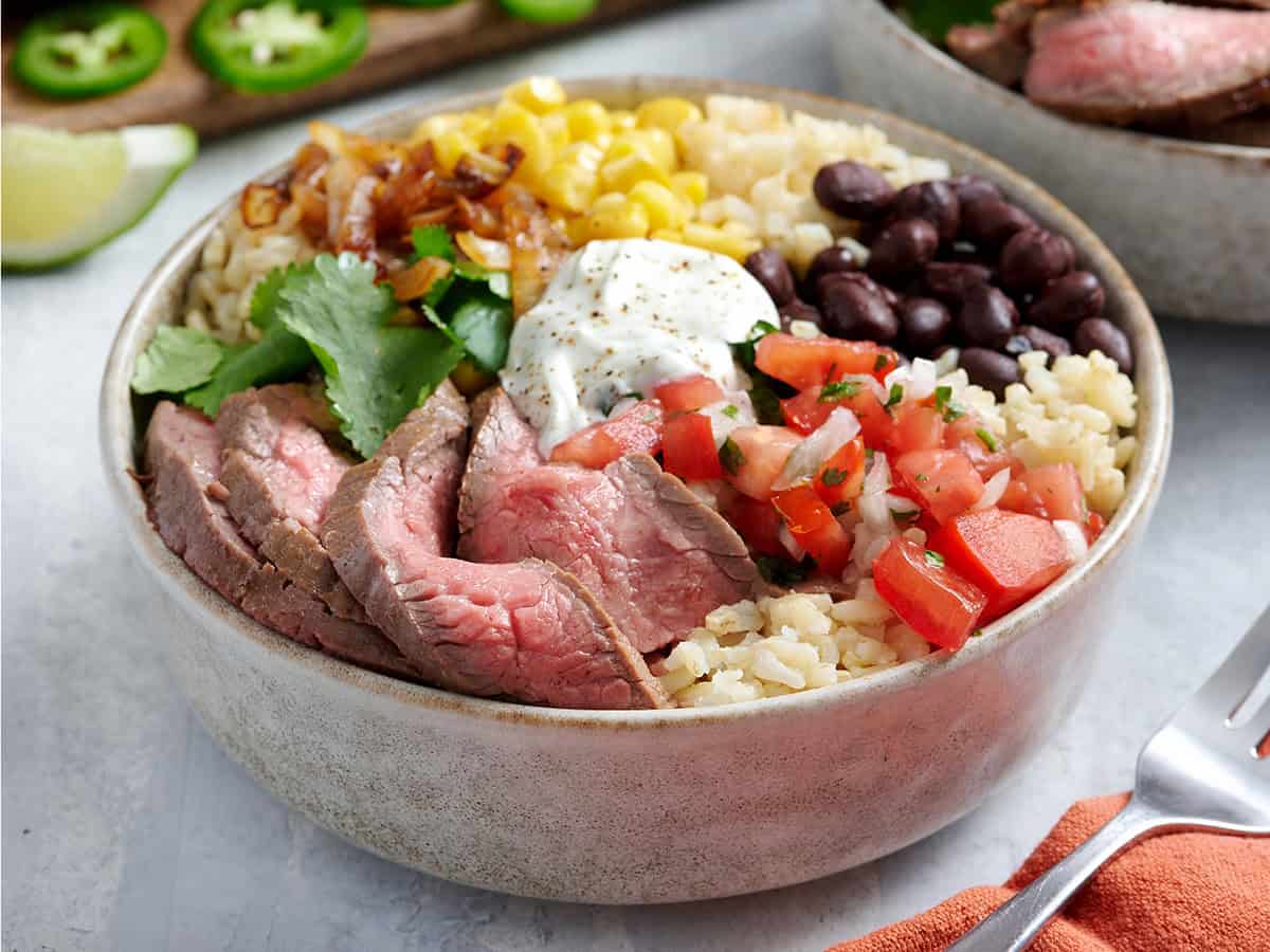 Side view of a southwest steak bowl.