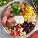 Overhead view of a southwest steak bowl.