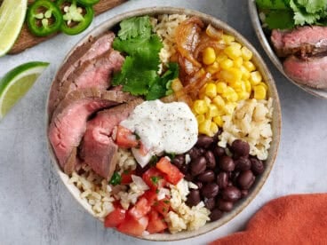 Overhead view of a southwest steak bowl.