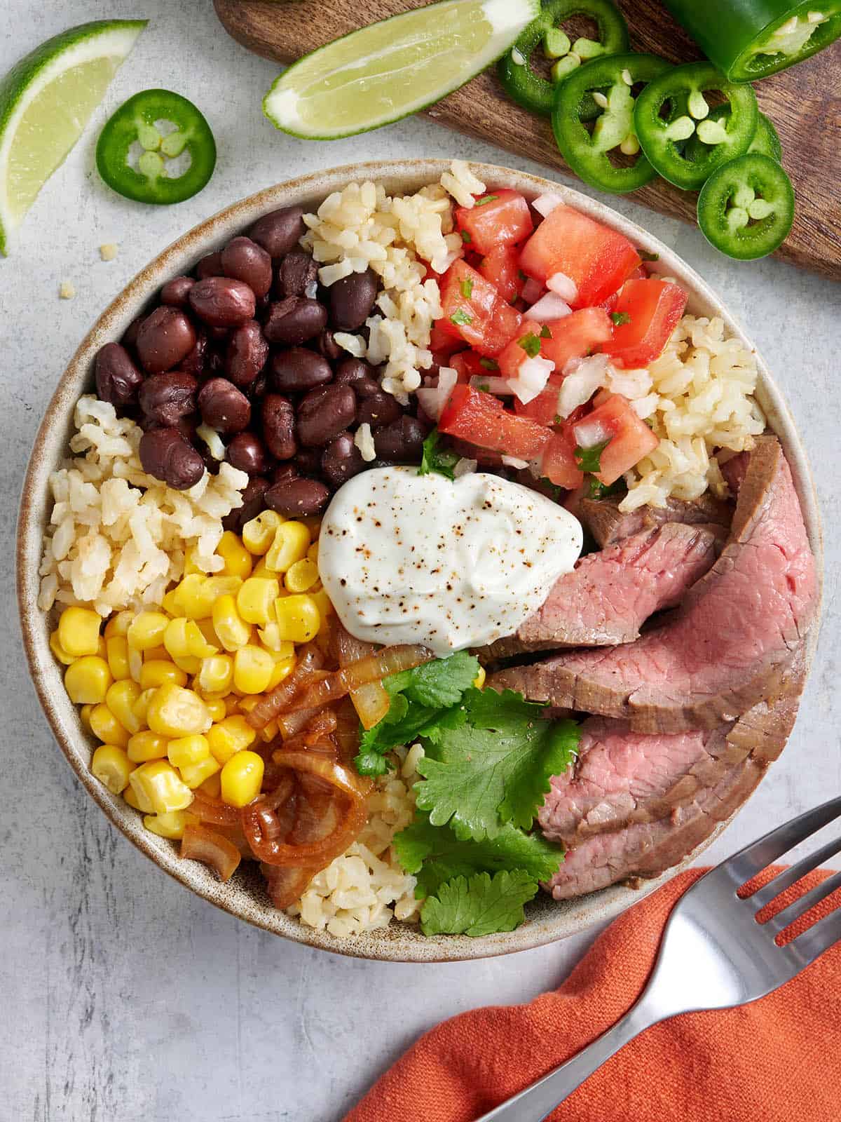 Overhead view of a southwest steak bowl.