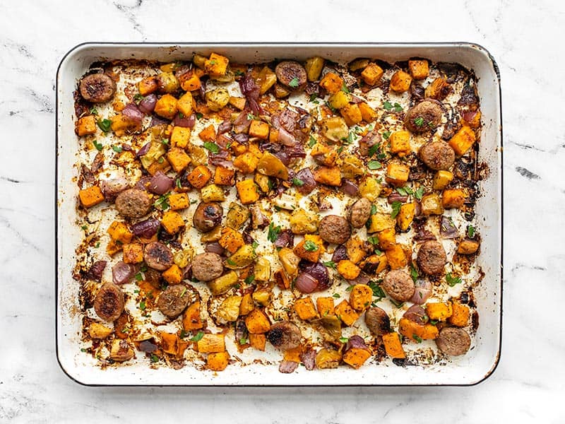 Finished oven roasted autumn medley on the sheet pan