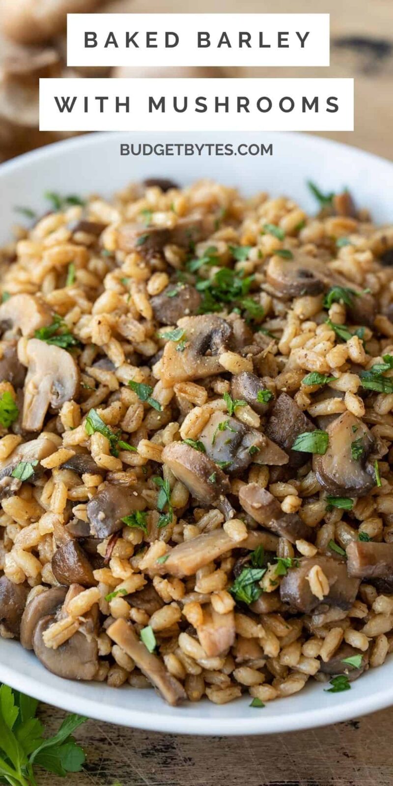 Side view of baked barley in a bowl, title text on top