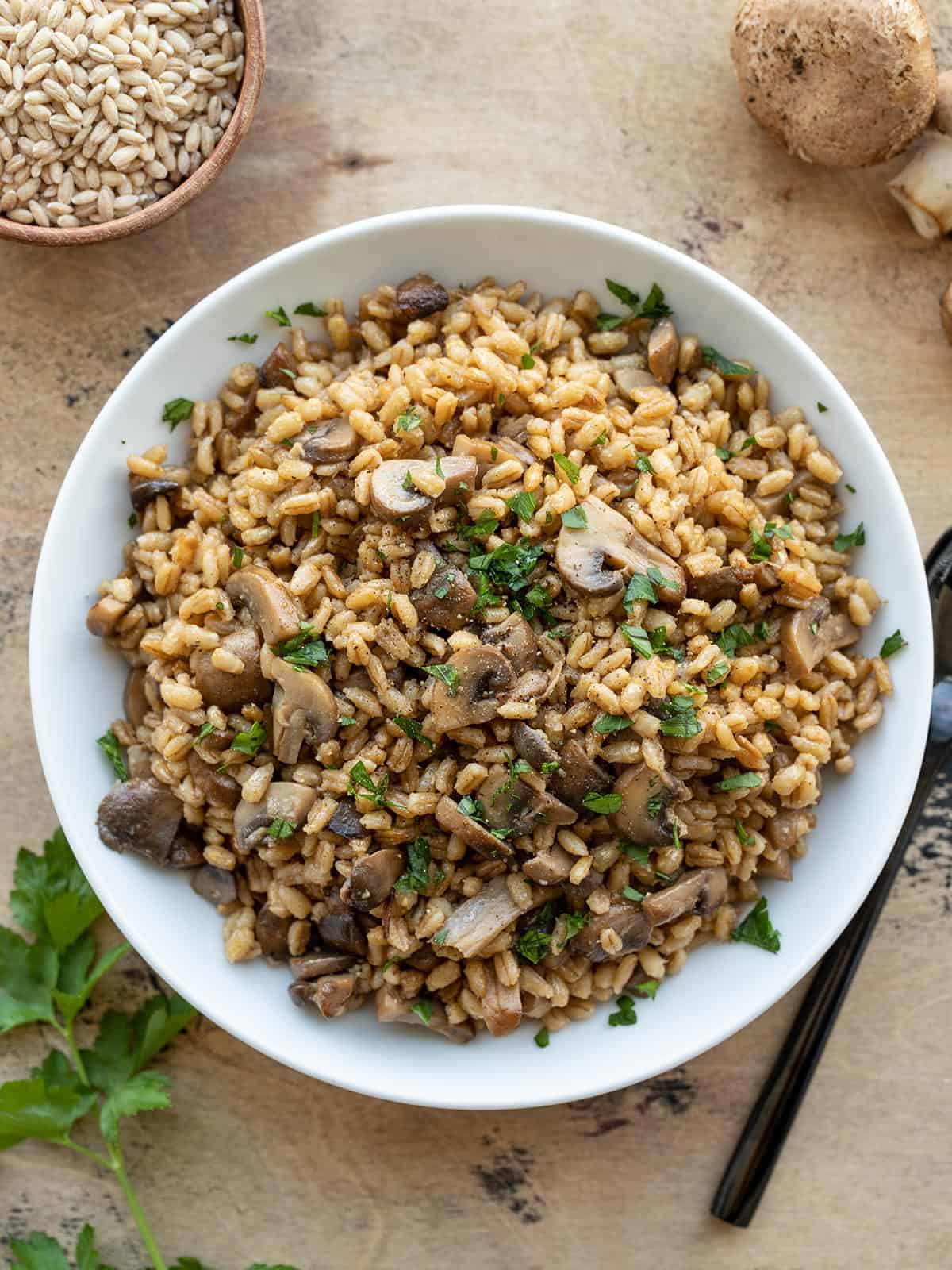 Overhead view of a bowl full of baked barley with mushrooms