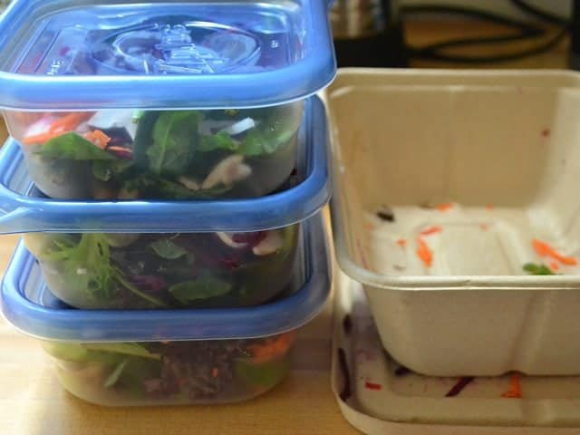 salad bar salads moved into Tupperware containers to store for lunches 