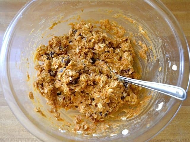 Finished Batter in mixing bowl with spoon