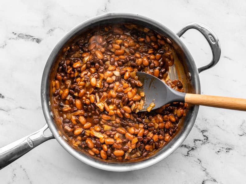 Heated BBQ Bean mixture in the skillet