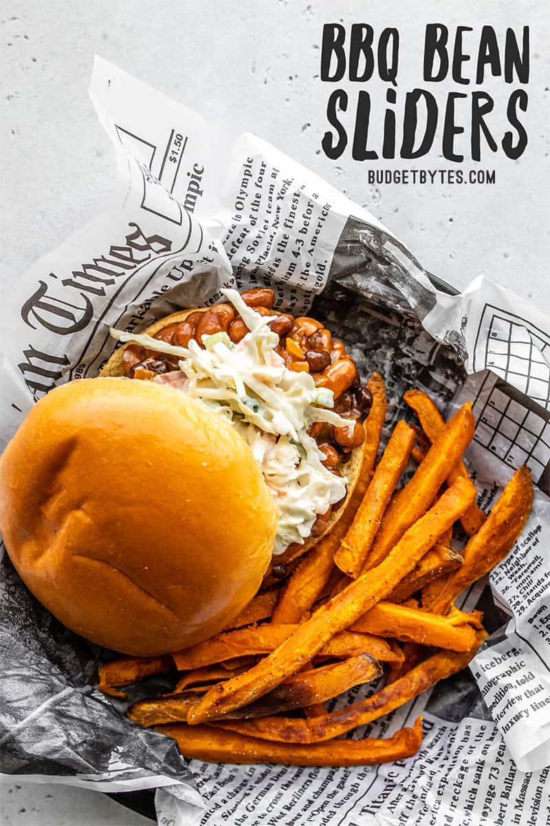 Overhead view of a plate with a BBQ Bean Slider and Sweet Potato Fries