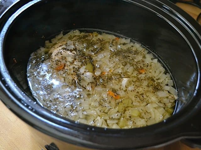 Top view of soup Finished Cooking in slow cooker 