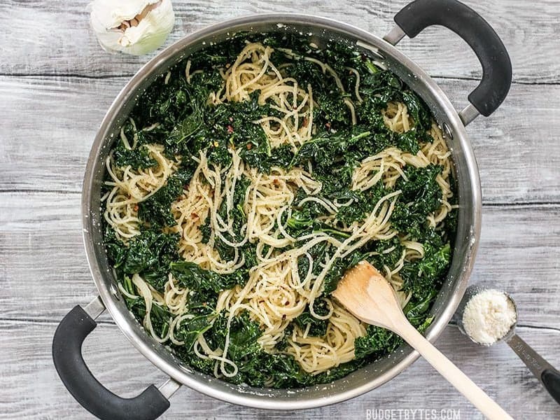 Overhead shot of a finished pot of Garlic Parmesan Kale Pasta