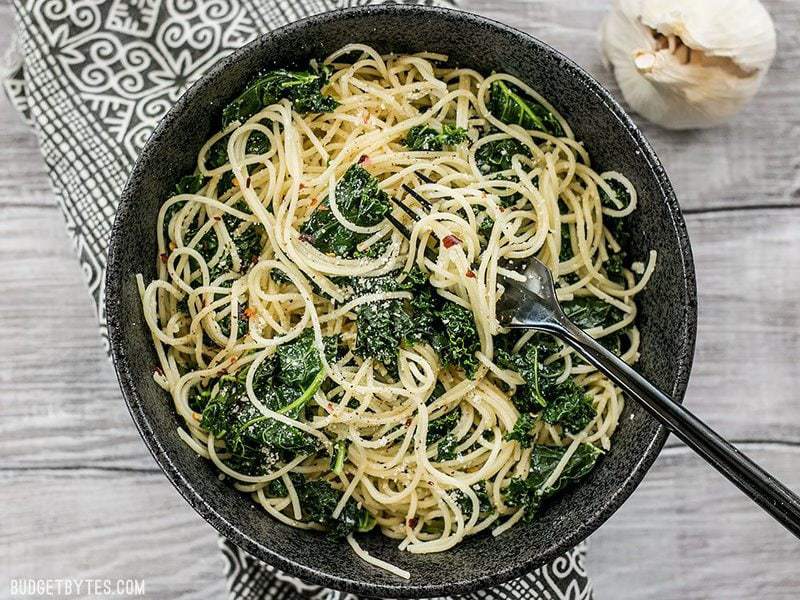 Overhead shot of a large bowl full of Garlic Parmesan Kale Pasta 