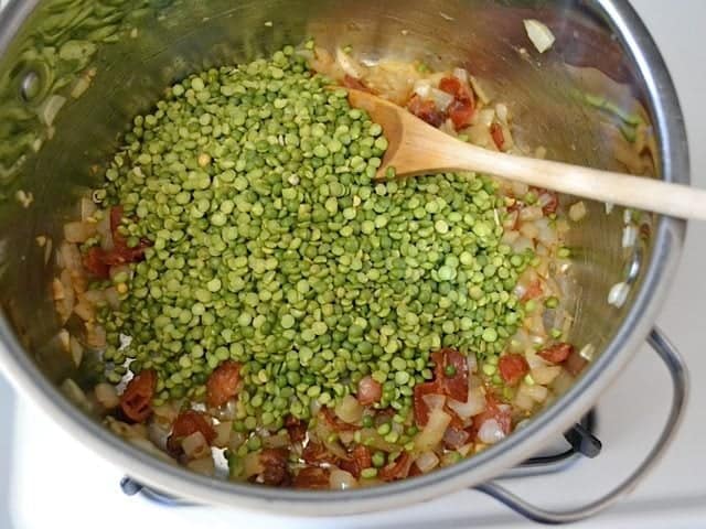 Split peas added to pot with other ingredients 