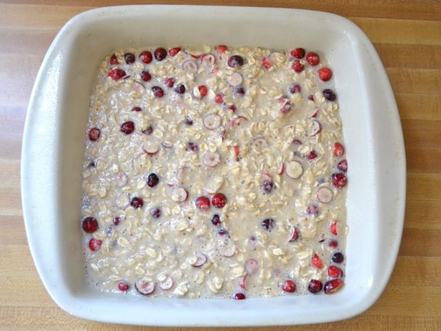 oatmeal mixture poured into baking dish ready to bake 