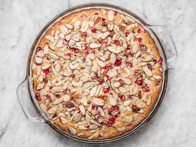 Cooked Cranberry Almond Cake in pie dish 